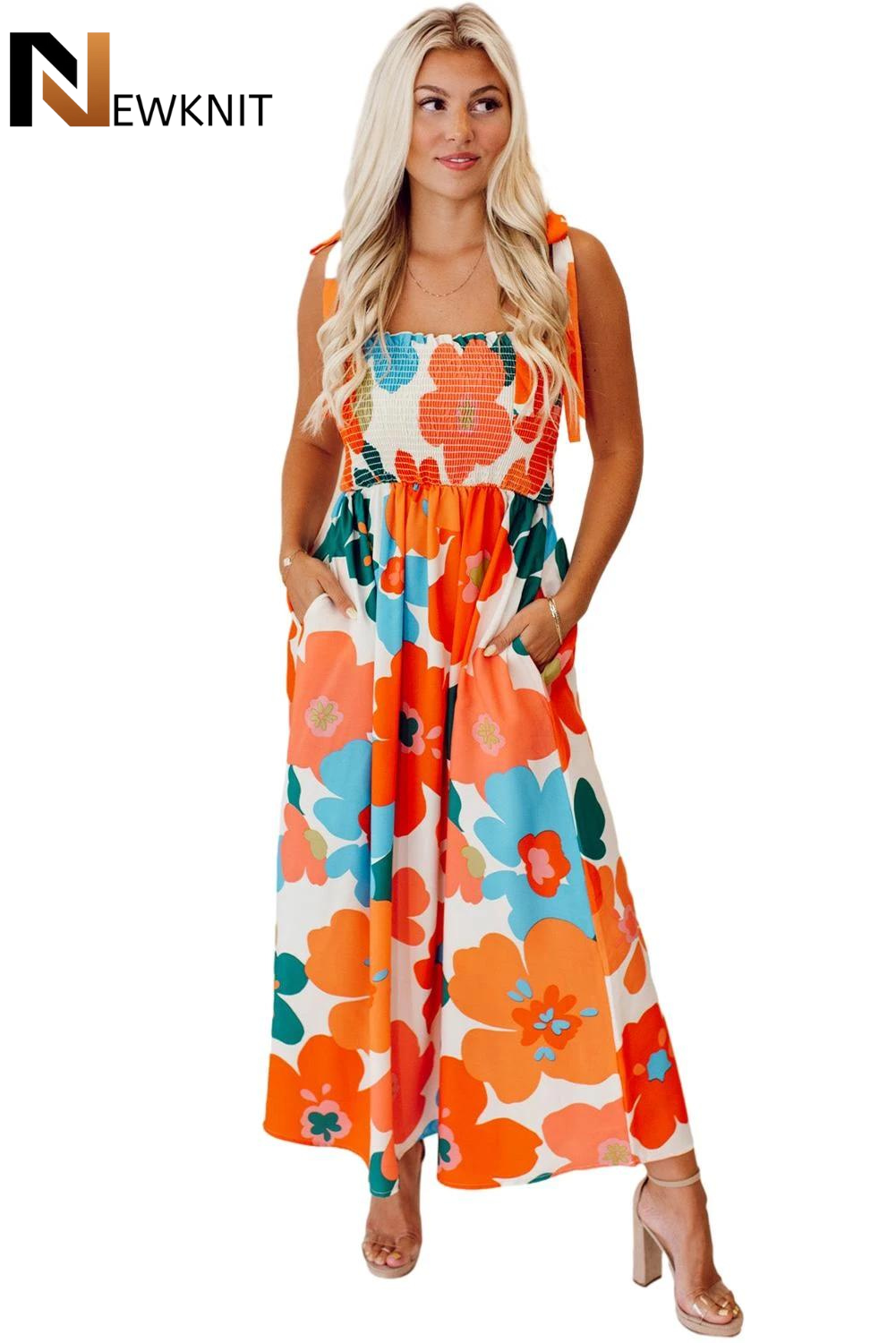 Newknit Orange Floral Self-Tied Straps Smocked Maxi Dress
