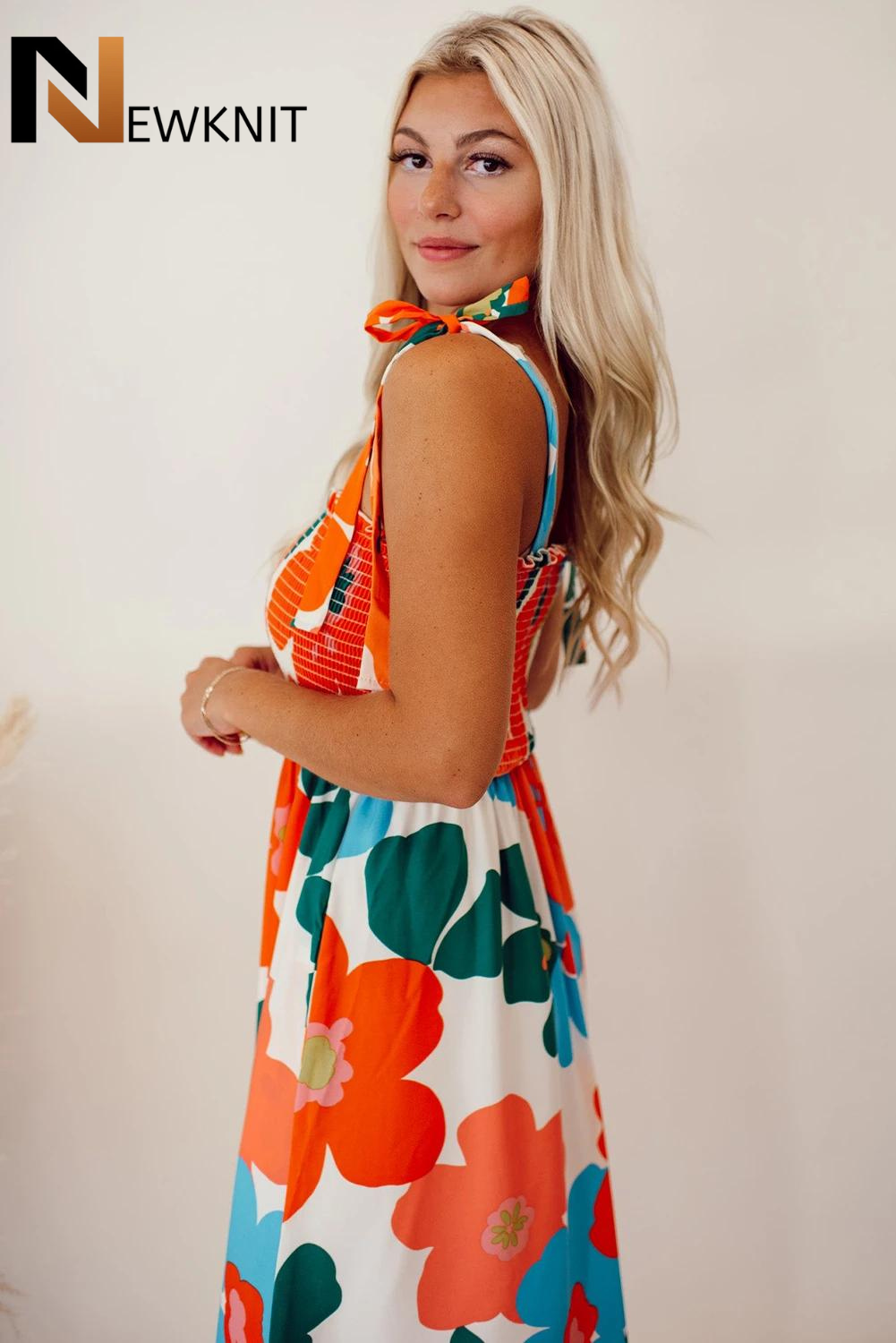 Newknit Orange Floral Self-Tied Straps Smocked Maxi Dress