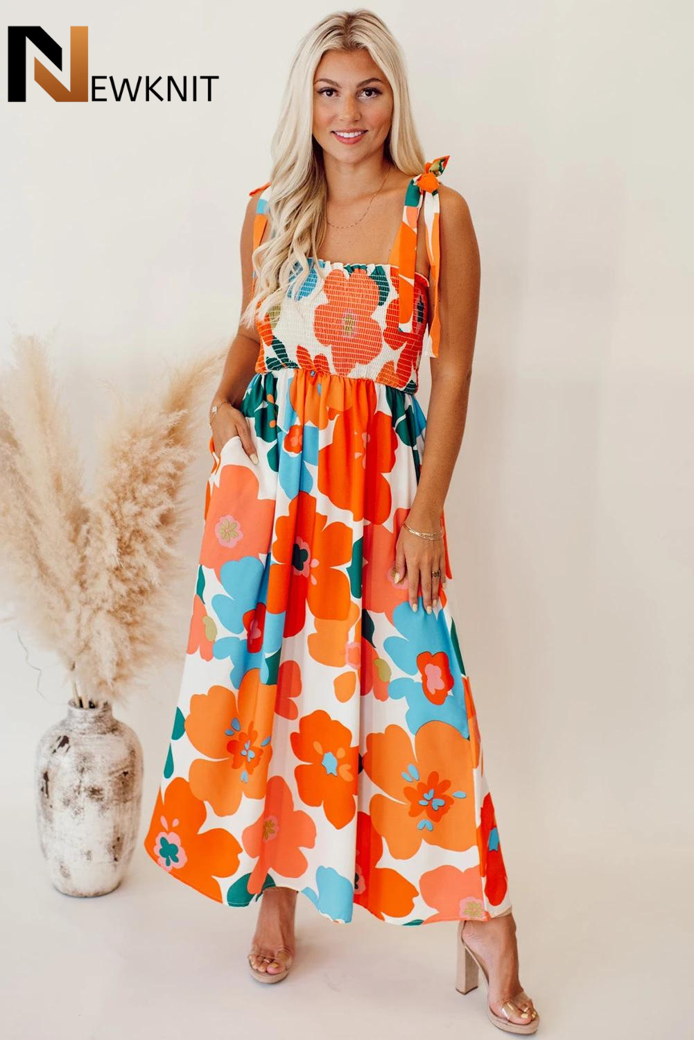 Newknit Orange Floral Self-Tied Straps Smocked Maxi Dress