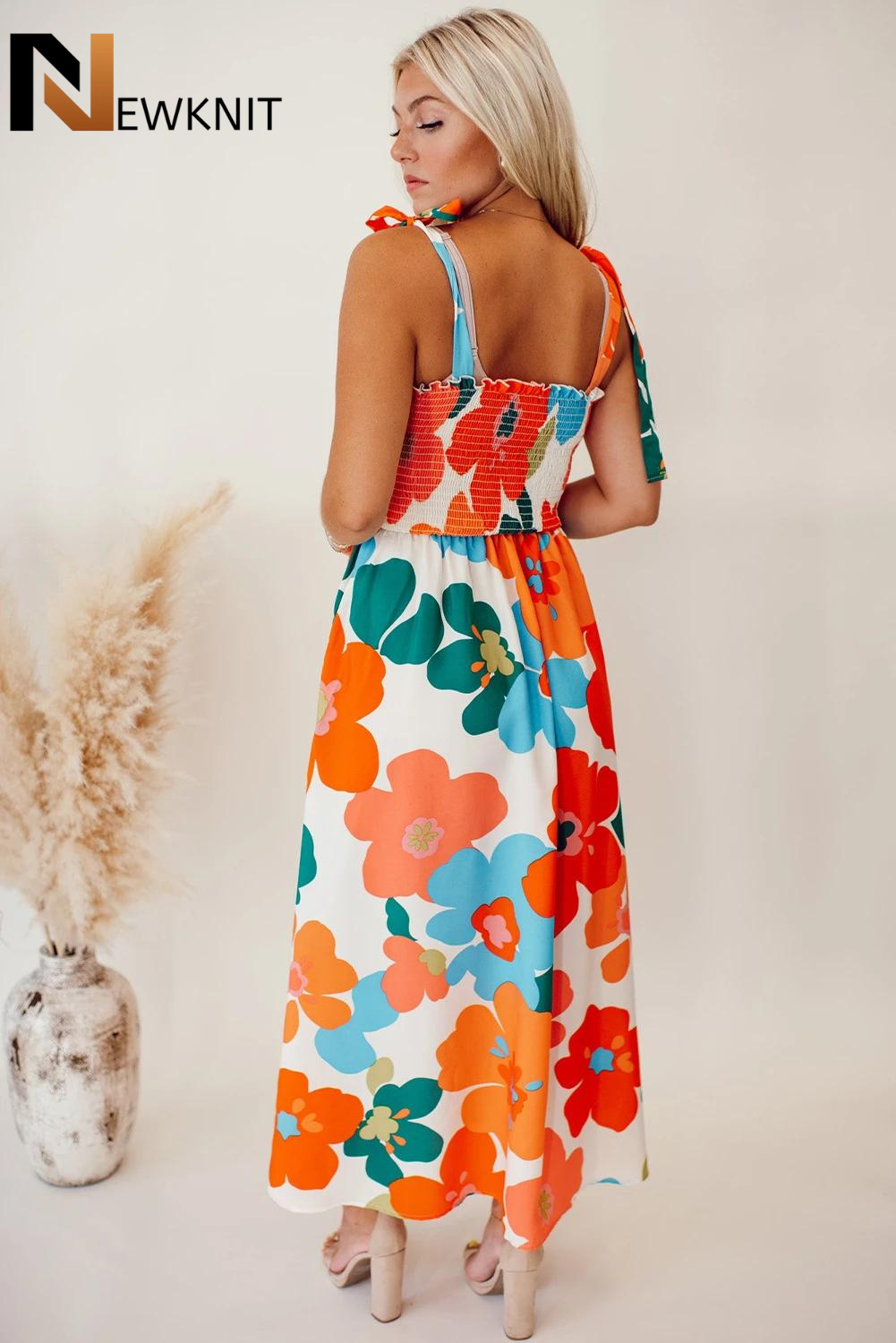 Newknit Orange Floral Self-Tied Straps Smocked Maxi Dress